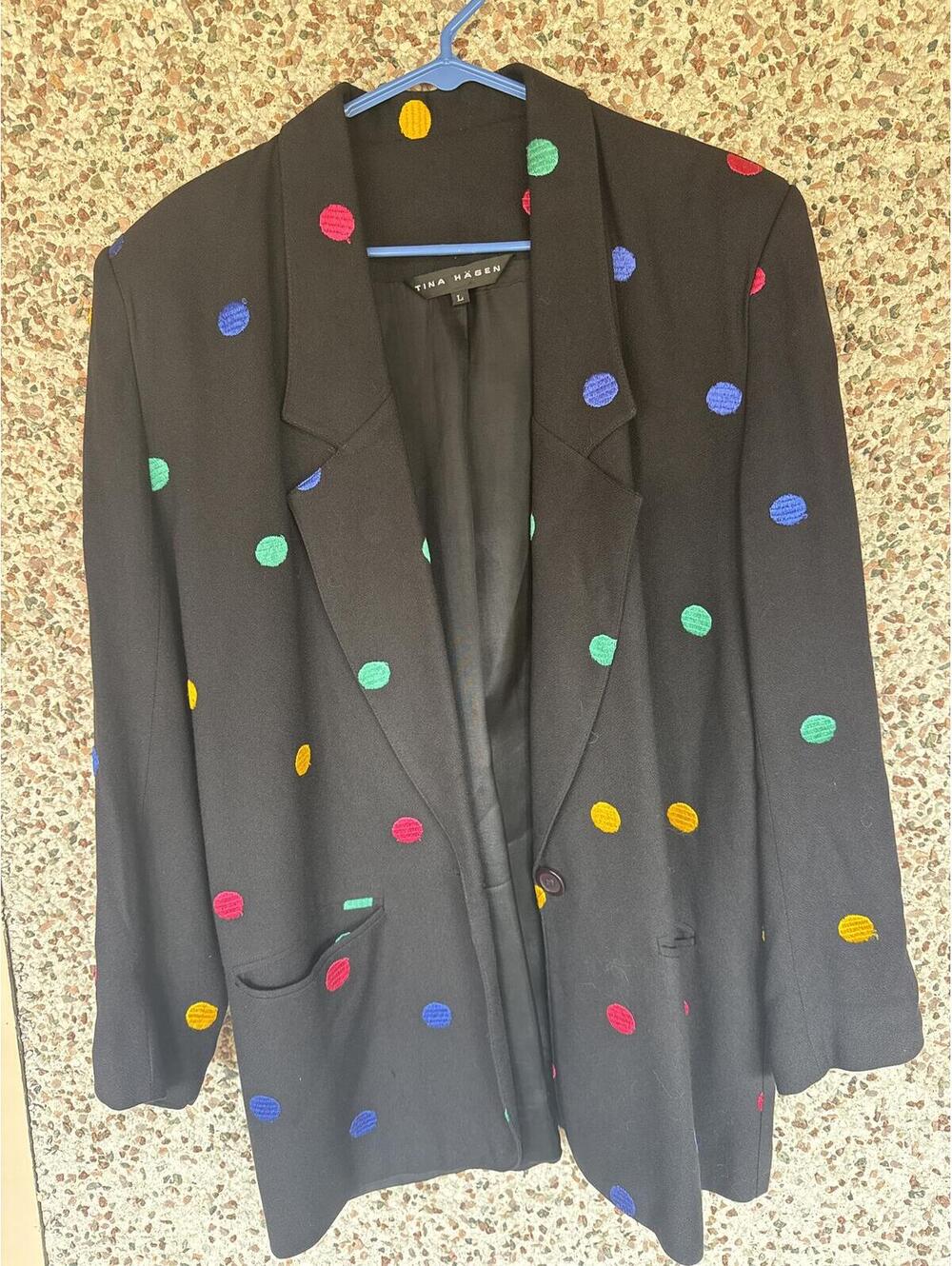 Vintage 90s Tina Hagen Black Blazer Colorful Embroidered Polka Dots Size L